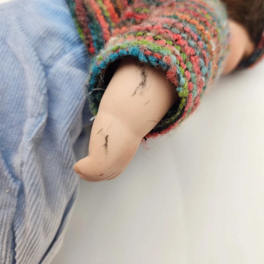 LPorcelain Boy Doll Knit Sweater‎ Blue Corduroy Overalls Brown Boots Hat